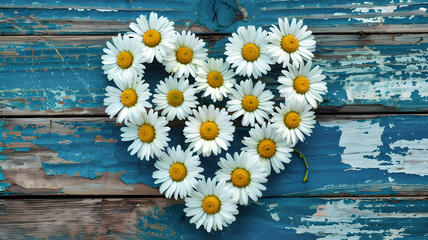 Obraz premium Charming daisies arranged in a heart shape evoke feelings of pure love and rustic beauty on a distressed blue wooden surface