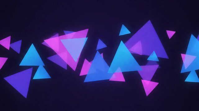 Abstract glowing triangles pattern with vibrant blue and purple neon geometric shapes floating on a dark background, modern digital art for technology and design.