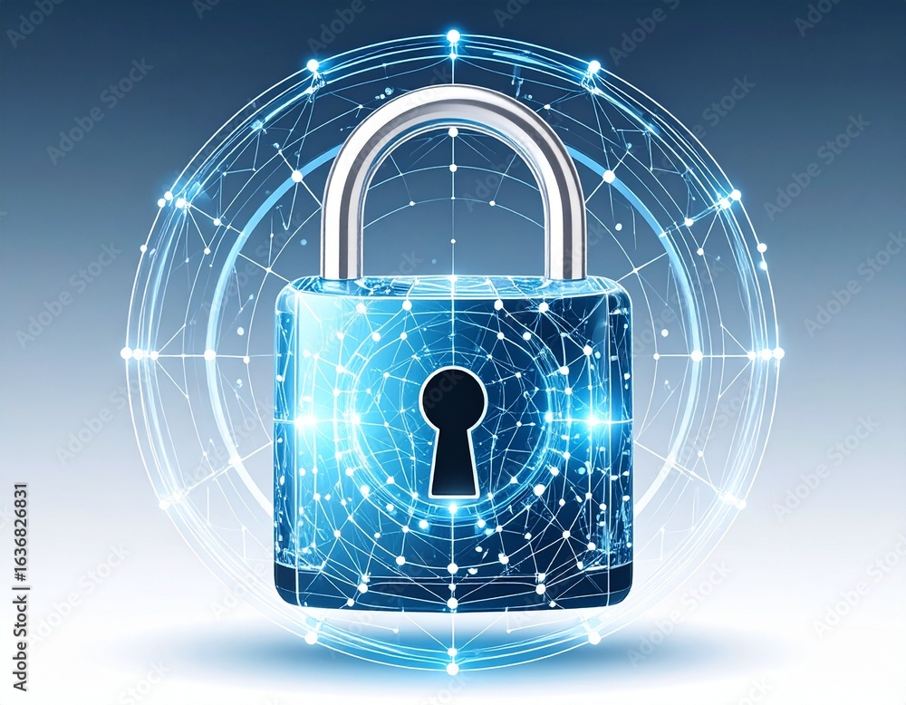 Aufkleber digital security concept with a glowing blue padlock and interconnected network lines forming a prot