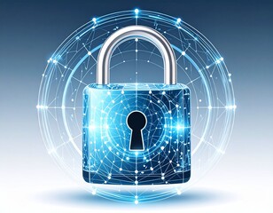 Digital security concept with a glowing blue padlock and interconnected network lines forming a protective sphere.