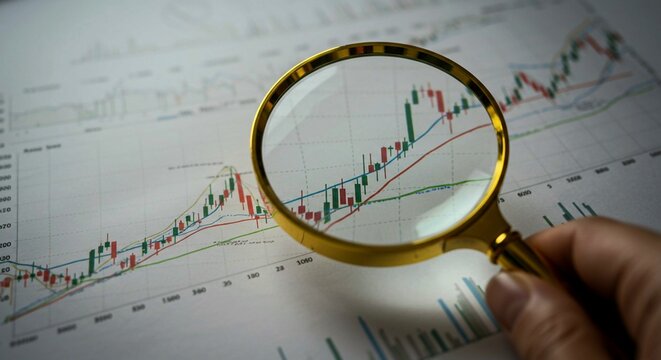 Detailed analysis of a stock market chart, with a magnifying glass examining a section of the candlestick graph - Powered by Adobe