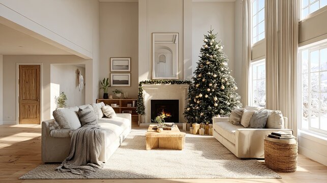 Cozy living room with tall windows, Christmas tree, fireplace, and festive decor in natural warm tones