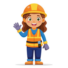 Friendly Female Construction Worker Cartoon Character Welcoming with a Wave Confidently Wearing a Safety Helmet and Gear Ready for Work