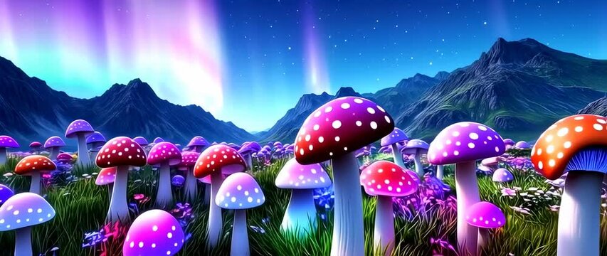 Colorful mushroom meadow landscape