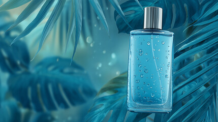 Translucent blue toner bottle, tropical leaves background, water droplets, watercolor style