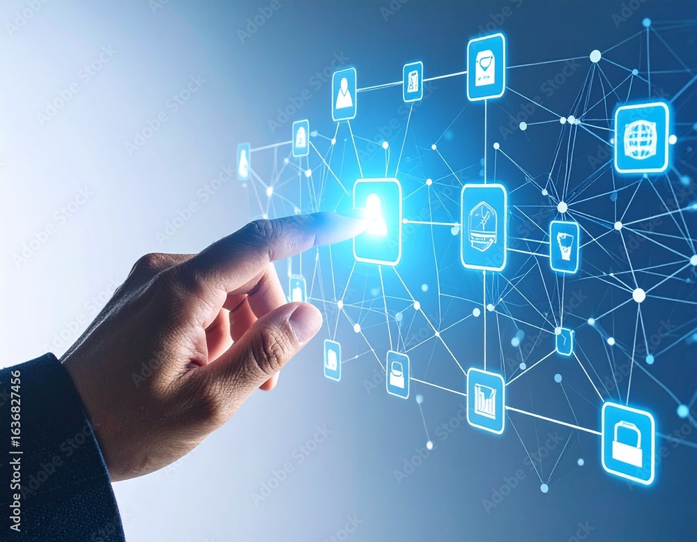 Poster hand touching a digital interface with network connections and icons.