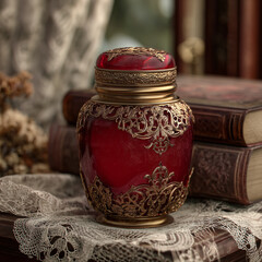 Ruby red cream jar with gold filigree, antique dresser, lace, nostalgic mood, Blender 3D render