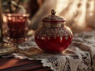 Ruby red cream jar with gold filigree, antique dresser, lace, nostalgic mood, Blender 3D render