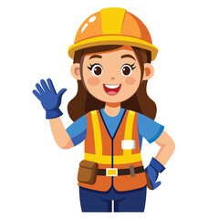 Friendly Female Construction Worker Cartoon Character Welcoming with a Wave Confidently Wearing a Safety Helmet and Gear Ready for Work