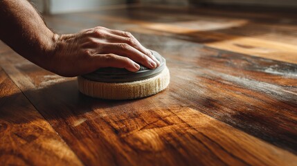 Skilled hand buffs rich hardwood floor to a brilliant shine, restoring its natural beauty with care and precision.