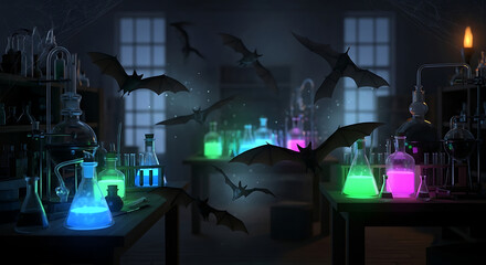 A lab with glowing beakers and bats flying around in a dark and mysterious atmosphere at nighttime ai generated