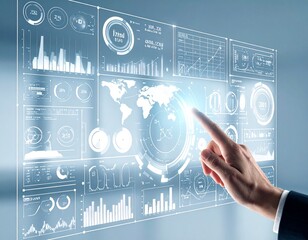 Hand interacting with a futuristic digital interface displaying global data and analytics.