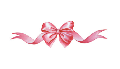 Fototapeta premium A beautiful pink bow with fluttering ribbons, hand-drawn. Watercolor illustration isolated on a white background. A festive element for decorating birthdays, weddings, invitations, and postcards.
