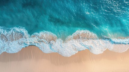 Fototapeta premium Aerial view of turquoise ocean waves gently lapping against a sandy beach, showcasing the vibrant colors and textures of water and shore, creating a serene coastal atmosphere
