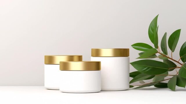 Three white cosmetic jars with golden lids, nestled next to green leaves, against a neutral background