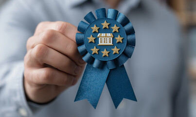 A person holding out their hand with an emblem of three stars