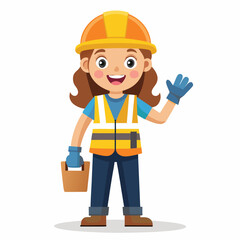 Friendly Female Construction Worker Cartoon Character Welcoming with a Wave Confidently Wearing a Safety Helmet and Gear Ready for Work