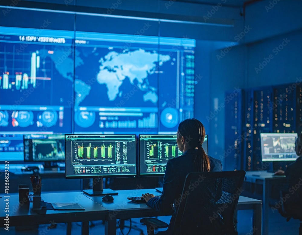 Poster a person monitors multiple screens displaying data, charts, and a world map in a dimly lit, high-tec