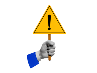 Hand holding red protest banner with yellow warning sign with Exclamation mark. Modern photo collage style. Illustration on transparent background