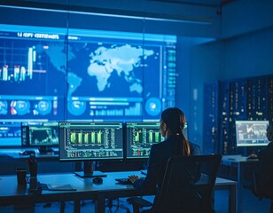 A person monitors multiple screens displaying data, charts, and a world map in a dimly lit, high-tech control room or security operations center.