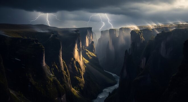 Forked Lightning and Sunbeams Illuminate a Majestic Canyon Gorge