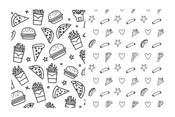 Fast Food Delight Pattern: A delightful pattern showcasing a collection of mouthwatering fast food items and playful shapes, arranged in a simple, artistic way, ideal for creative projects.