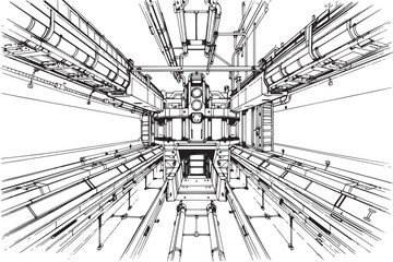 Factory, technical room, futurism, industry, equipment, mechanisms. Hand drawn vector illustration