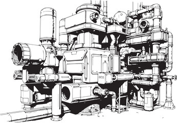 Obraz premium Factory, technical room, futurism, industry, equipment, mechanisms. Hand drawn vector illustration