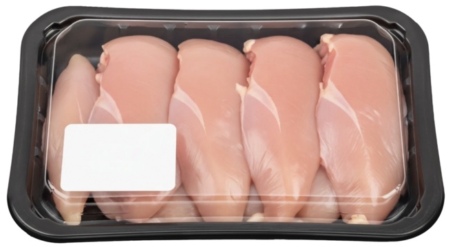 Black plastic tray containing raw chicken breast meat and blank label mockup packaging isolated on transparent background