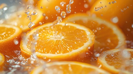 Zesty Dynamics: Vibrant Fresh Sliced Oranges with Splashing Juice &ndash; Juicy Segments Mid-Cut, Arcing Juice Droplets Catching Light, Bright Orange Rinds, and Glistening Pulp in High-Speed Photography for