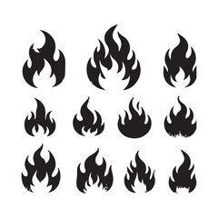 Set of Black Fire Flame Icons Vector Illustration