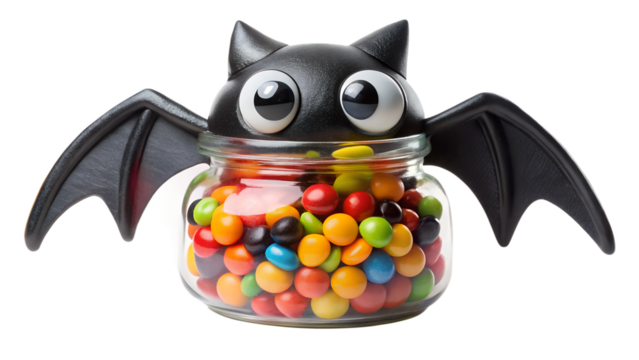 Cute cartoon bat character with big googly eyes and wings, filled with colorful candy in a glass jar, isolated on transparent background, perfect for halloween and party themes