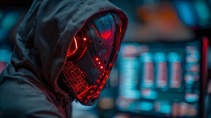 Mysterious hooded figure with futuristic red glowing mask intensely focused on glowing computer screens in dark room