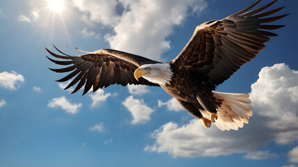 Obraz premium Majestic Bald Eagle in Flight Under Bright Sky