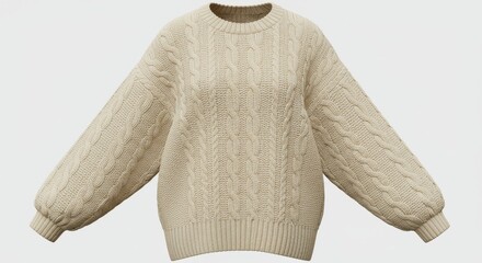 Cream-colored cable knit oversized sweater, long sleeves, relaxed fit.