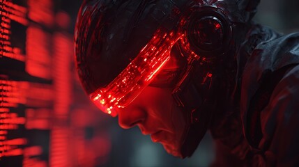 Futuristic cyborg with glowing red visor immersed in digital data stream, exploring advanced technology and artificial intelligence