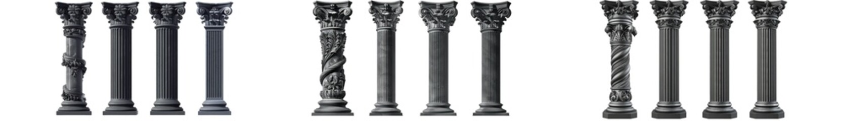 Collection of diverse architectural columns and pillars, showcasing various classical and ornate styles, isolated on a transparent background