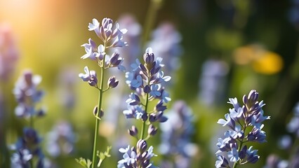 Fototapeta premium Delicate flax blue flowers bloom in full with soft focus and natural sunlight.