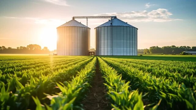Two large silos stand in a field of growing plants, bathed in warm sunlight. Rows of crops extend to the horizon