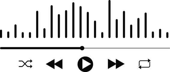 Minimalist vector audio player interface with equalizer sound wave display, playback controls, shuffle, and repeat icons, isolated on white background for music and media design themes © AnupKumar