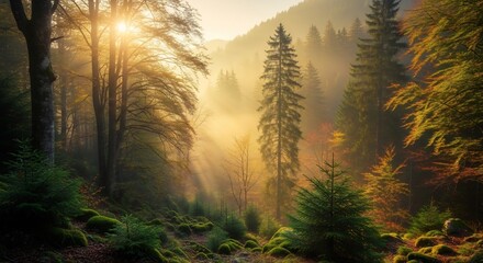 Fototapeta premium Golden Sunbeams Illuminate a Misty, Moss-Covered Autumn Forest