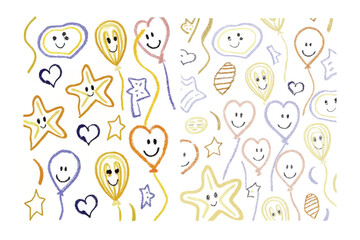 Smiling Balloons and Festive Shapes: Whimsical doodle artwork with smiling balloons, stars, and hearts adds a touch of cheerfulness and delight.