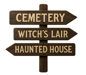 A sign with three arrows pointing to a cemetery, witch's lair, and haunted house