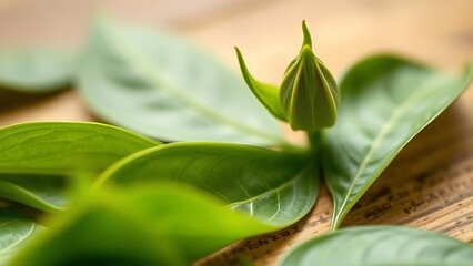 Fototapeta premium Close-up of fresh tea leaves on a wooden surface, highlighting natural texture and vibrant green tones.