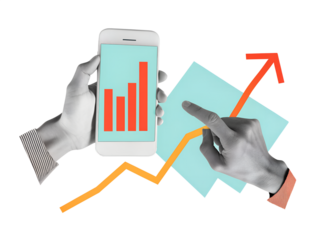 Black and white hands in a white shirt holding a phone with a growing graph on screen. Modern collage style. Illustration on transparent background