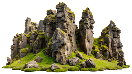 Majestic rock formation covered in moss and grass isolated on transparent background, a captivating natural landscape element
