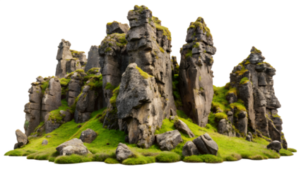 Majestic rock formation covered in moss and grass isolated on transparent background, a captivating natural landscape element