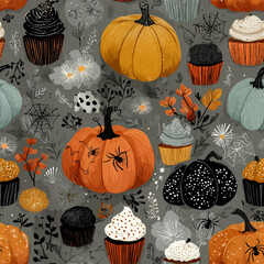 colorful seamless pattern with pumpkins and spiders, cobwebs, and cakes. Halloween vector illustration. Suitable for printing on fabric and paper. Holiday decor