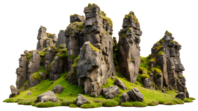 Majestic rock formation covered in moss and grass isolated on transparent background, a captivating natural landscape element