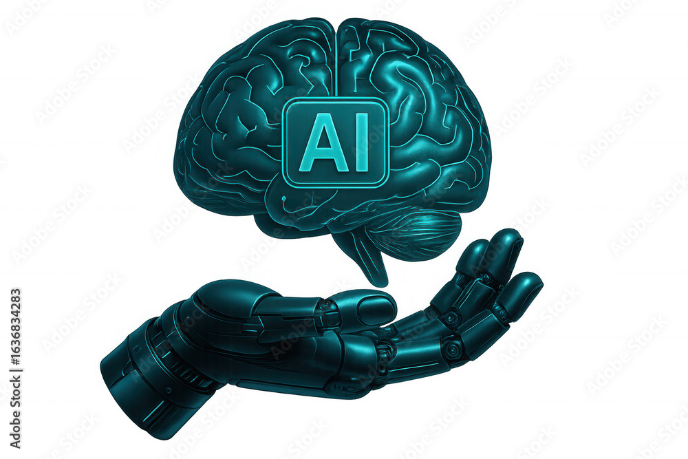 Poster metallic robotic hand grasping glowing turquoise neural network, representing advanced machine learn